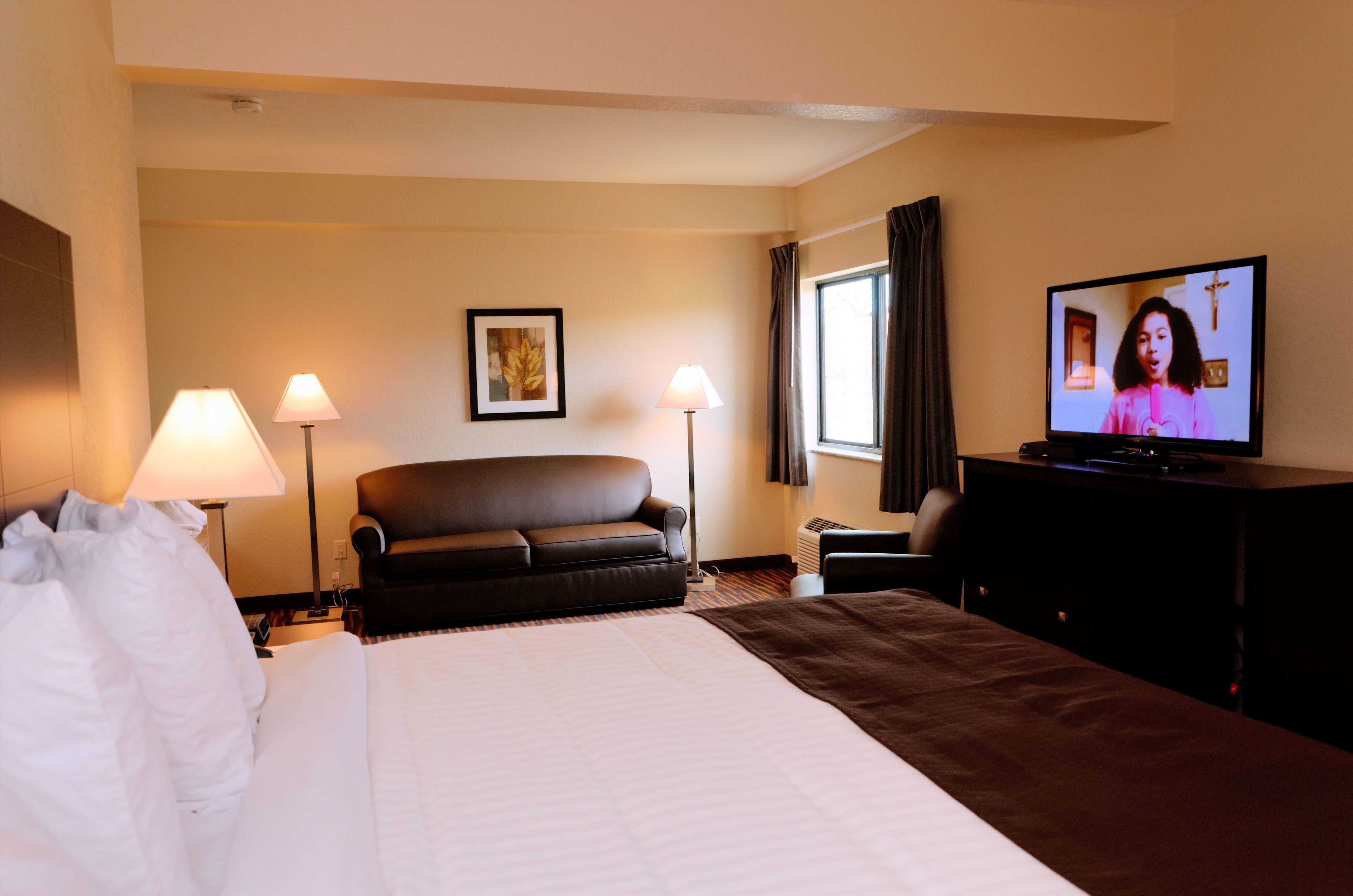 Una habitación de hotel con cama, sofá, escritorio, televisión y dos lámparas.