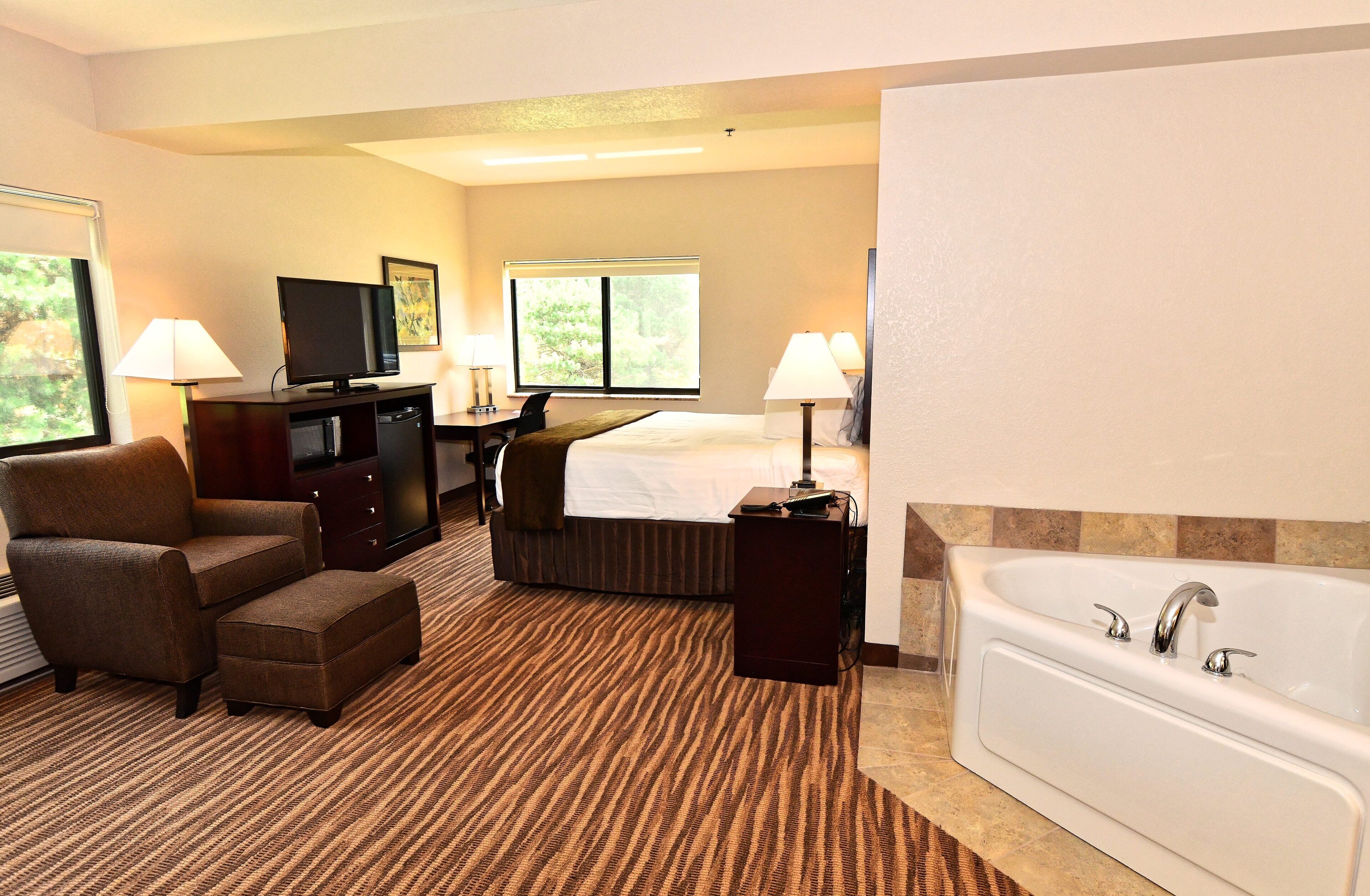 Une chambre d’hôtel équipée d’un lit, d’une télévision, d’un bureau, d’une chaise, d’un canapé, d’une lampe et d’une baignoire.