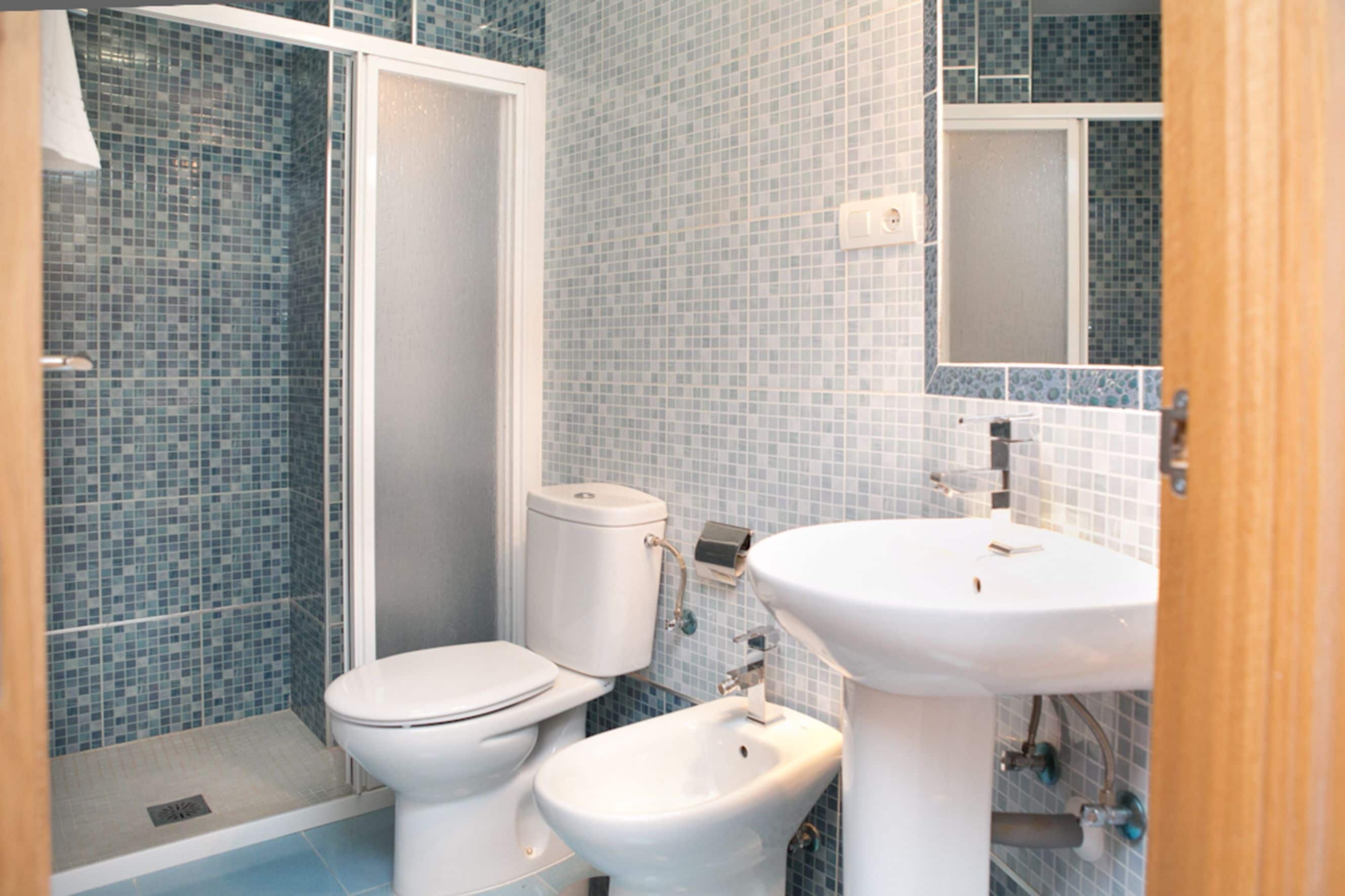 Shower, hair dryer, bidet, towels