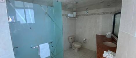 Un baño con mampara de vidrio, inodoro y lavamanos con encimera de mármol.