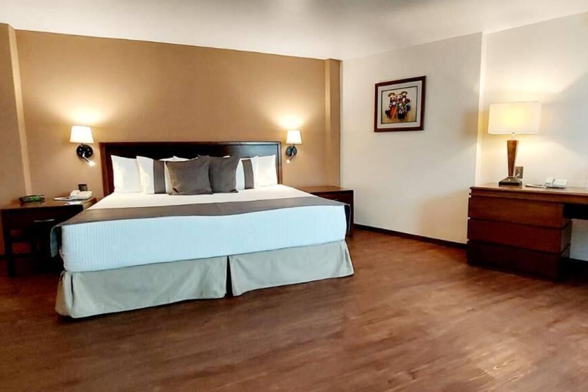 Una habitación de hotel con cama, mesitas de noche, escritorio, silla y una lámpara fijada a la pared.