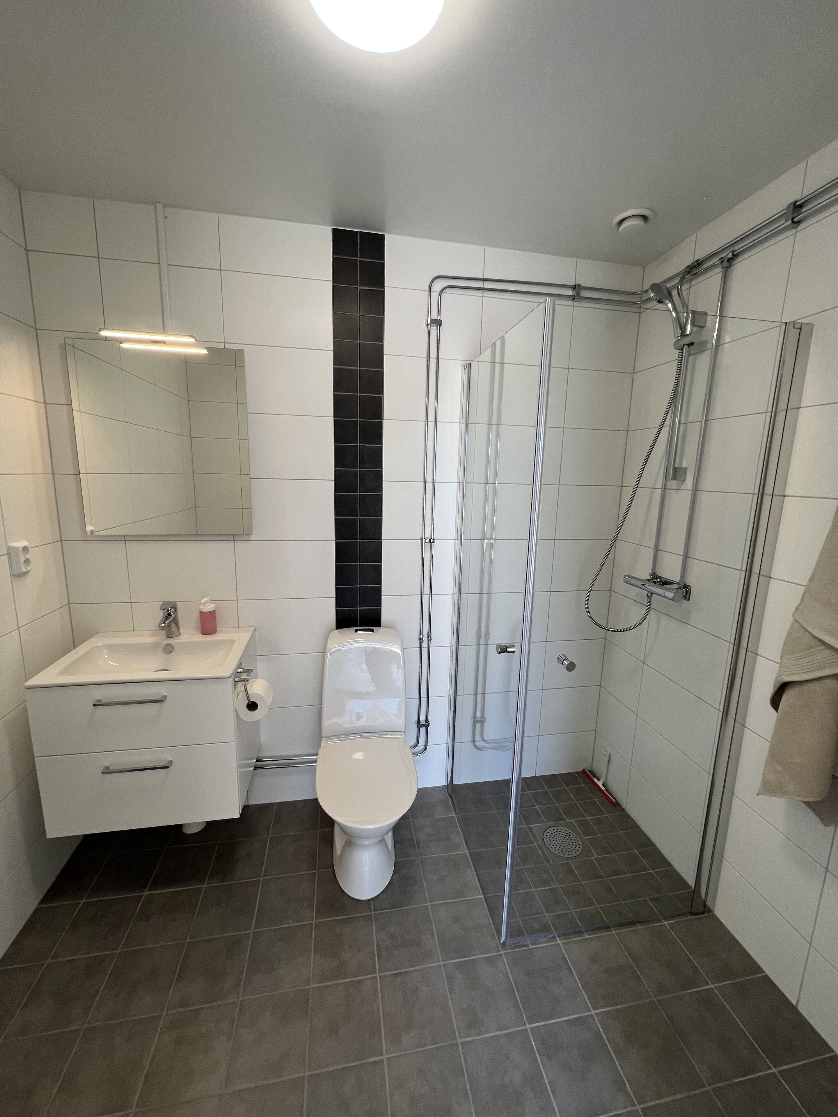 A modern bathroom with a white sink, toilet, and shower.