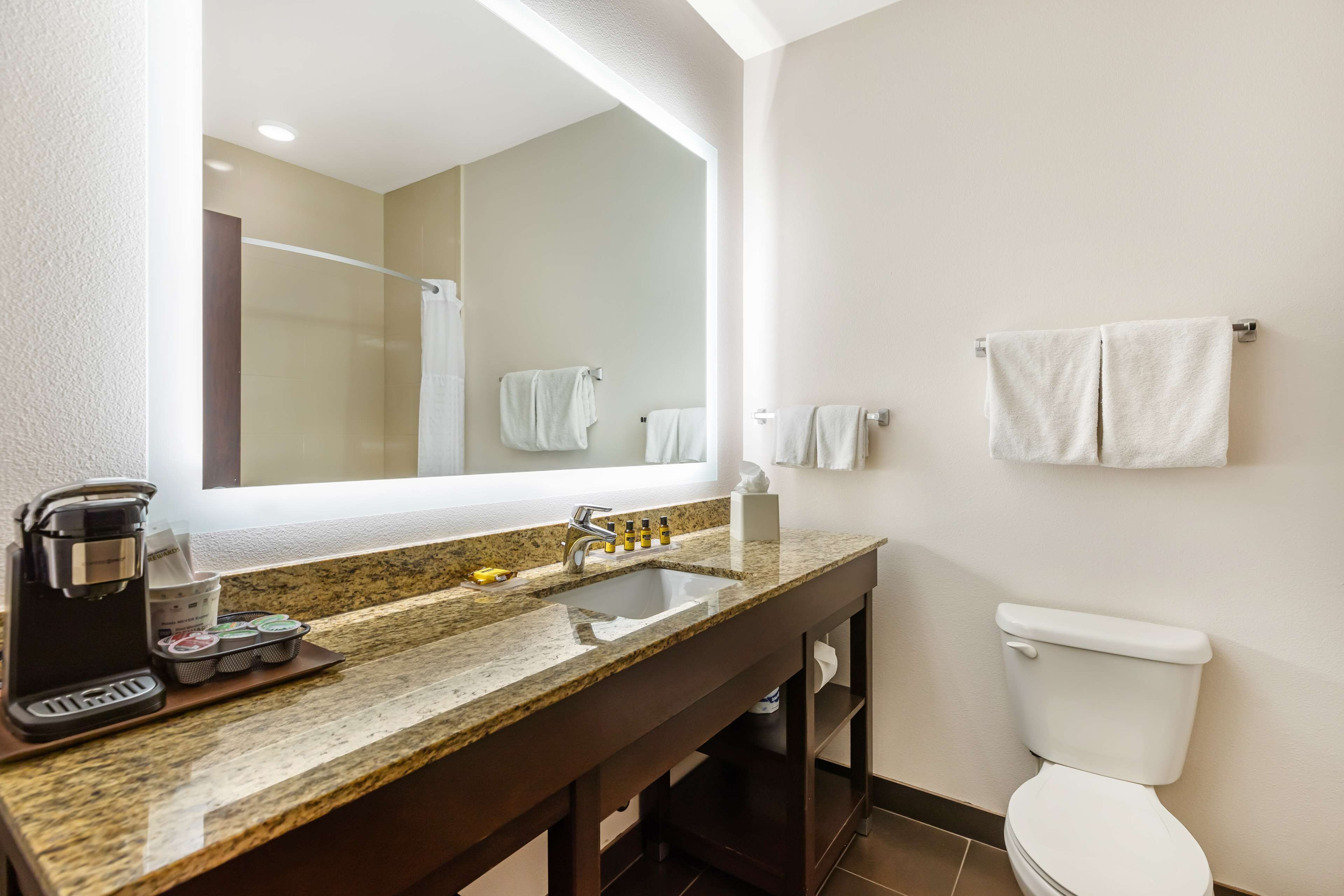 combined shower/bathtub, free toiletries, hair dryer, towels