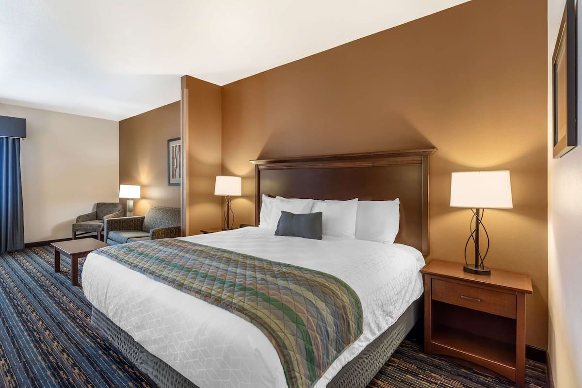A hotel room with a large bed, two bedside lamps, a nightstand, a chair, and a carpeted floor.