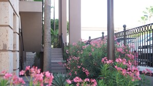 Entrada de un edificio con escaleras, una cerca metálica y plantas florecientes de color rosa.