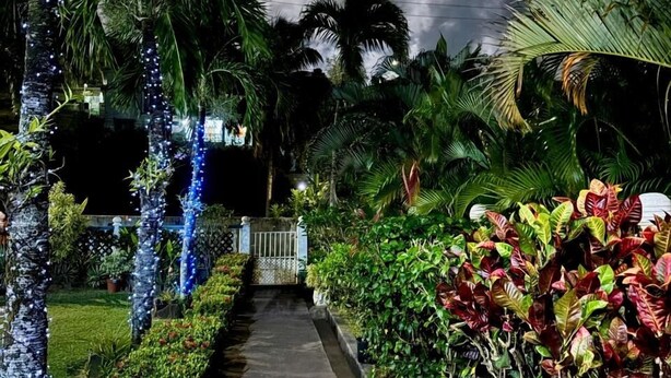 A pathway leading to a gated entrance, surrounded by lush greenery and palm trees. - Skyblue Beach Apartments (Villa)