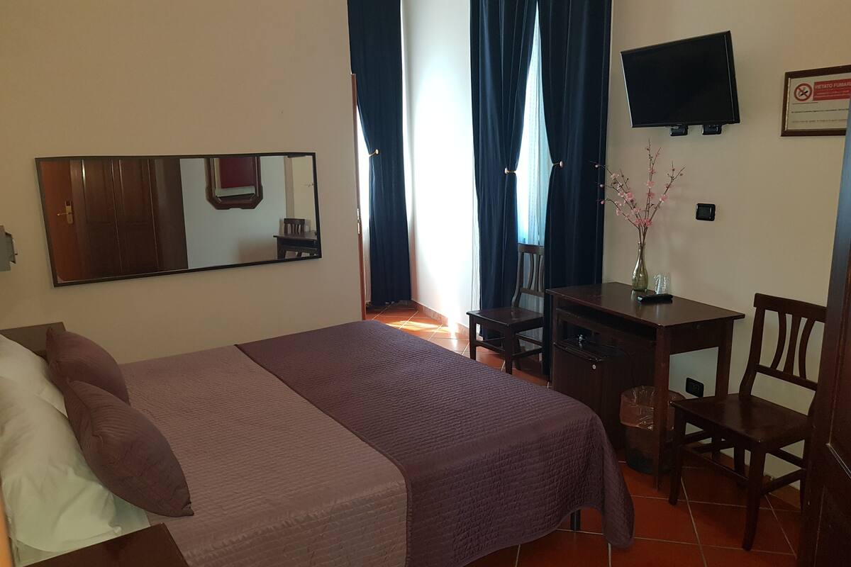 A hotel room with a bed, a desk, a chair, a TV, and a mirror.