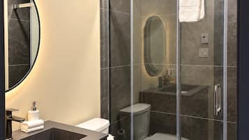 Un bagno moderno con doccia a vetro, un water e un lavabo con specchio.