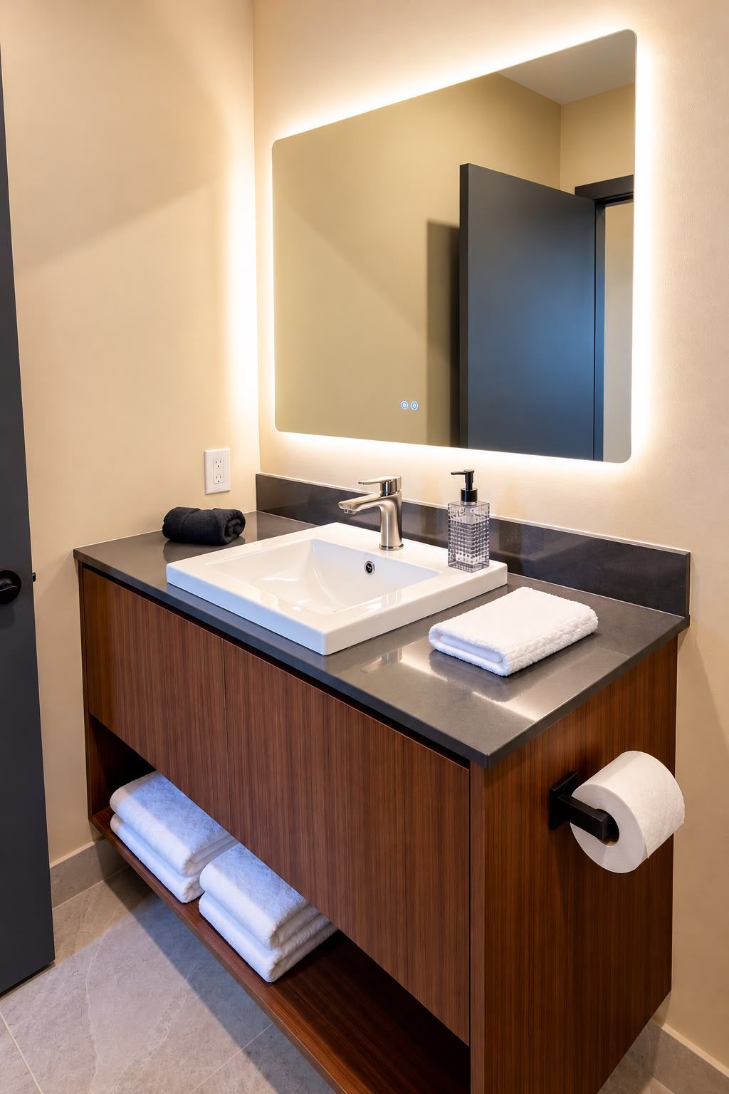 Une salle de bain moderne avec un double vasque, un grand miroir et un porte-serviettes.