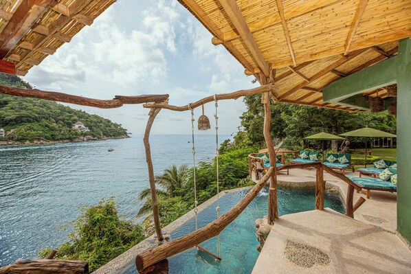 Outdoor pool, pool umbrellas, pool loungers