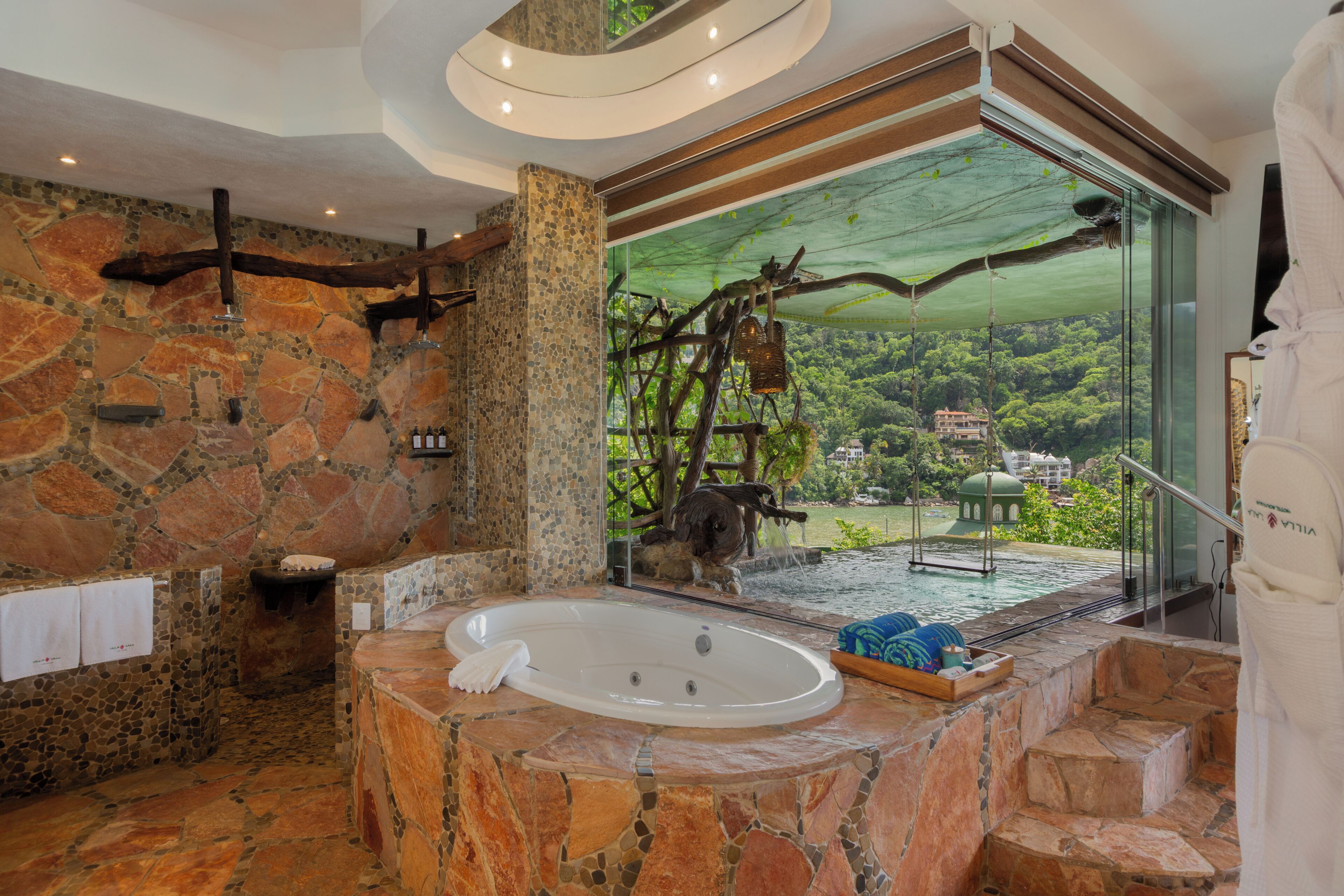 New Tower-Hummingbird Love Nest Ocean View | Bathroom | Rainfall showerhead, hair dryer, bathrobes, towels