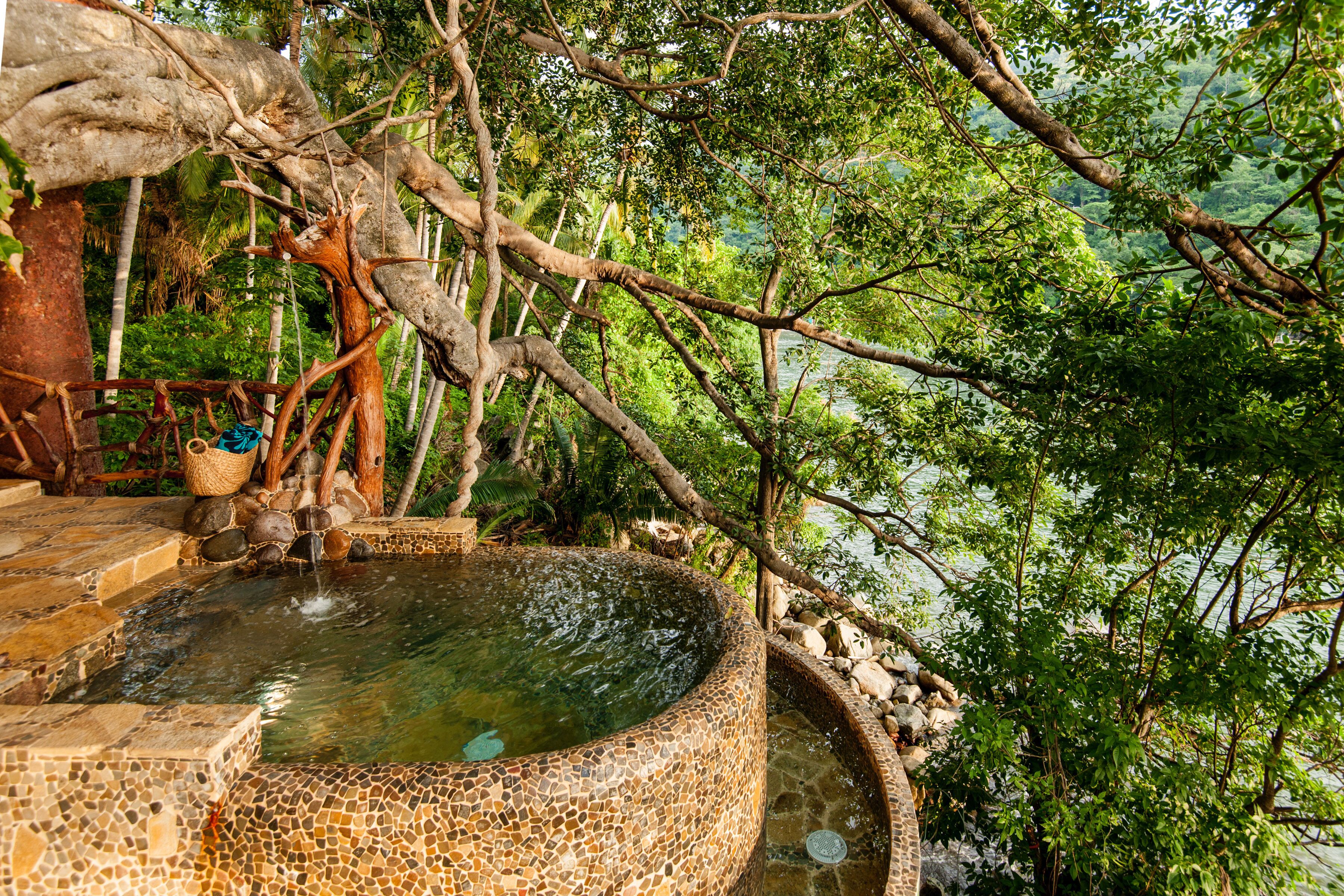 Un manantial de agua termal con suelo de piedra y diseño en mosaico, rodeado de exuberante vegetación y un árbol.