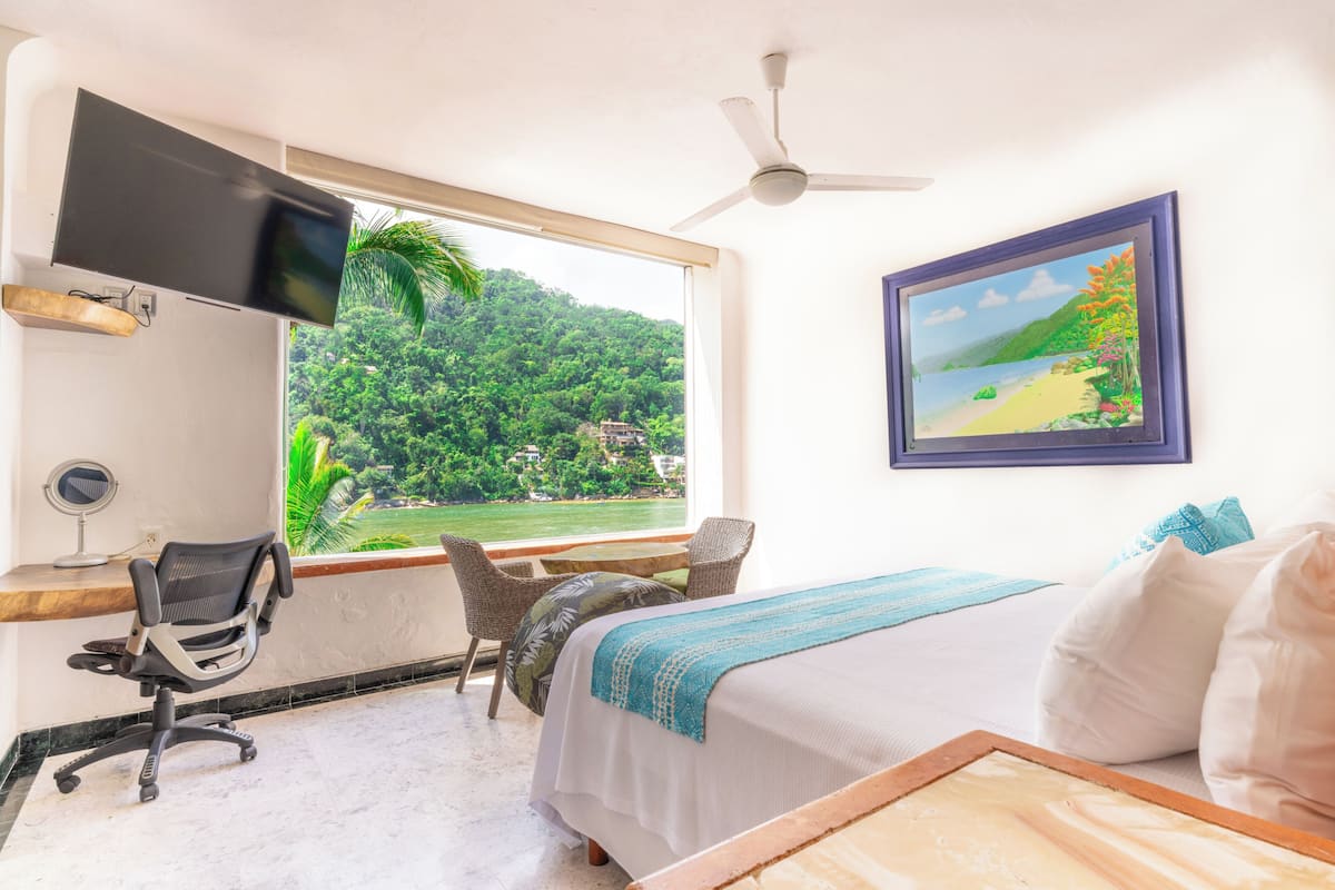 Habitación de hotel con cama, escritorio y silla, televisor montado en la pared, ventilador de techo, ventana con vista a un paisaje verde exuberante y un cuadro enmarcado en la pared.