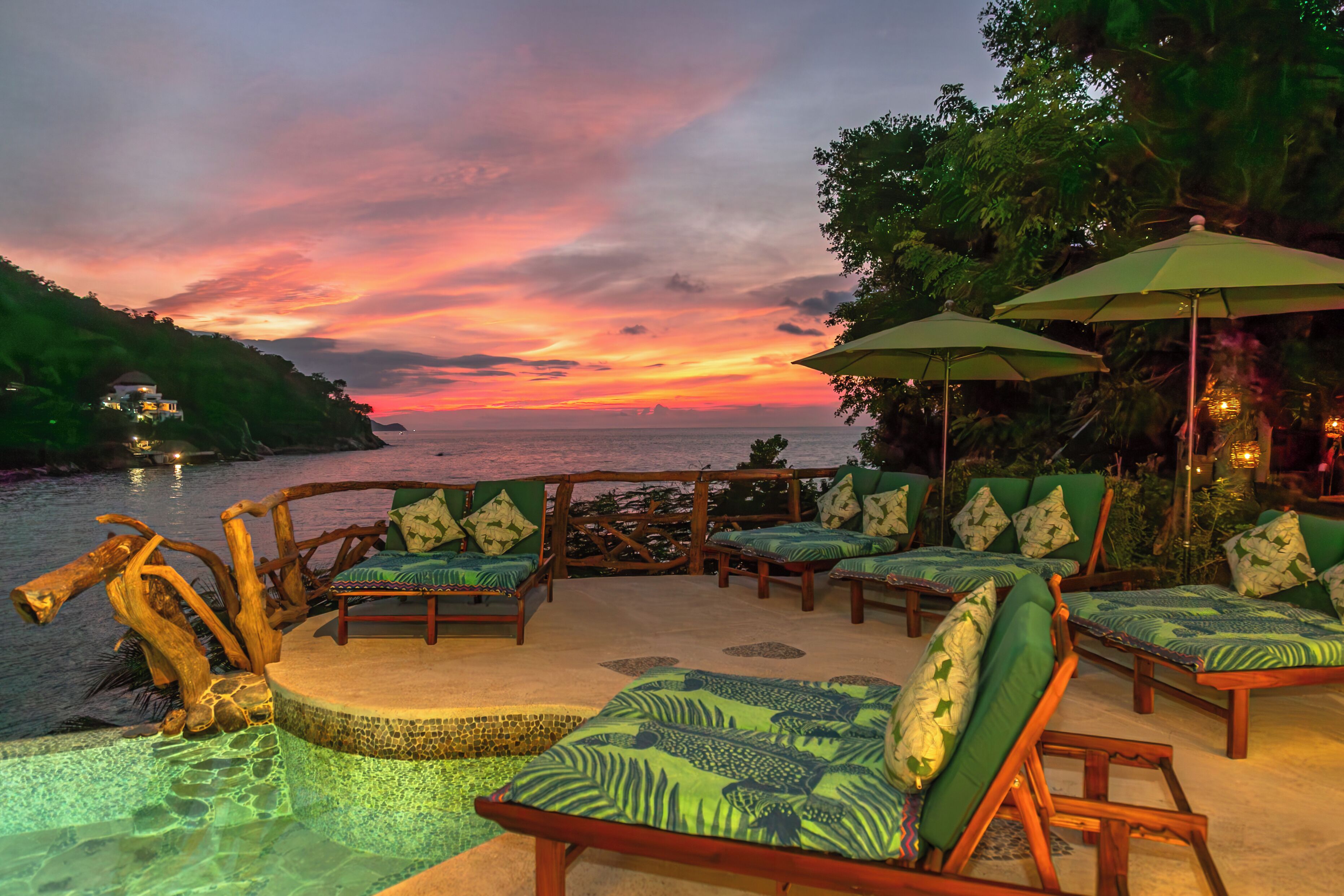 Outdoor pool, pool umbrellas, pool loungers