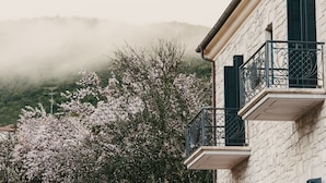 Ein Gebäude mit einem Balkon und Blick auf einen Baum mit rosa Blüten.