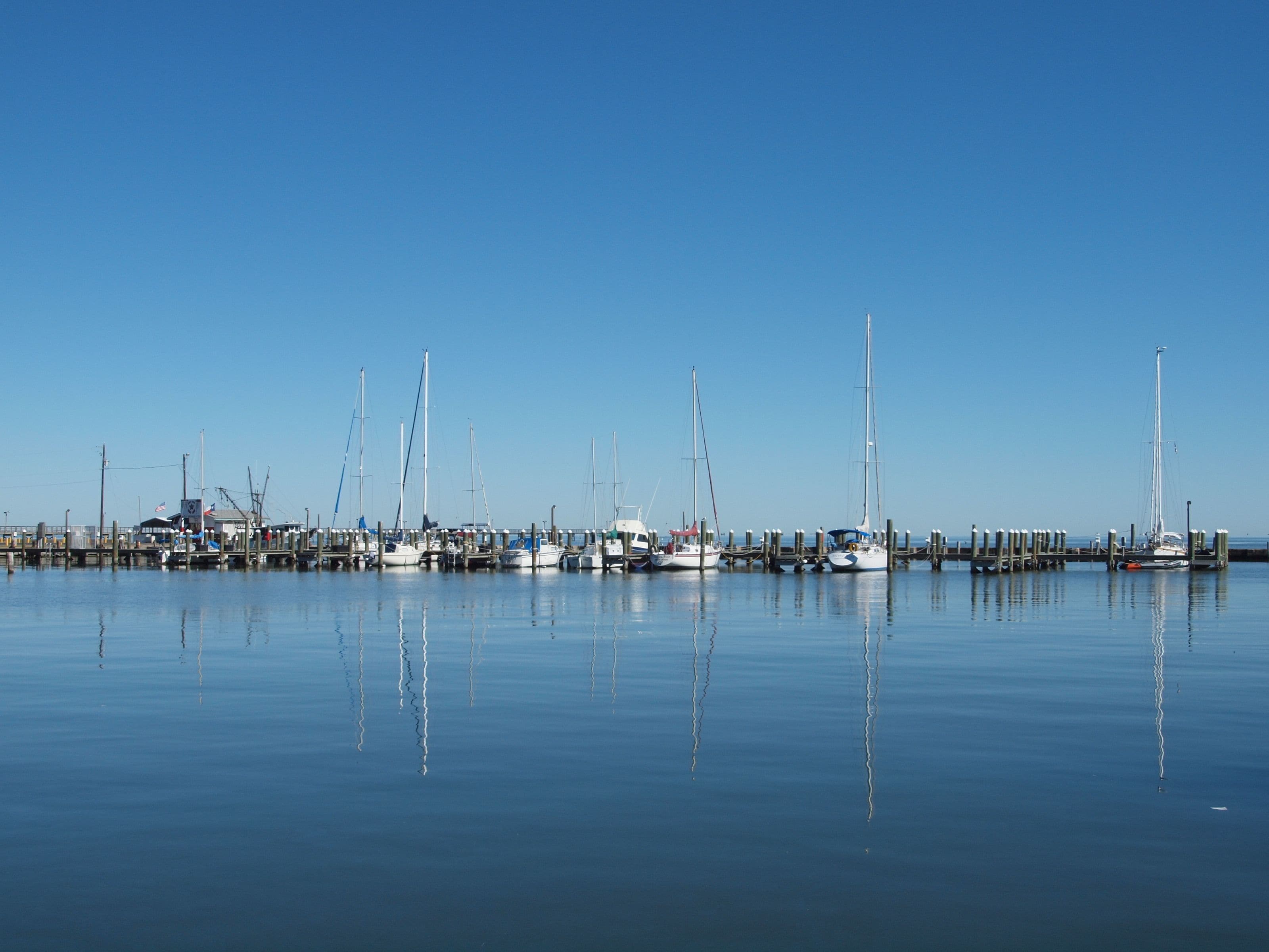 A marina with several sailboats docked at wooden piers.
