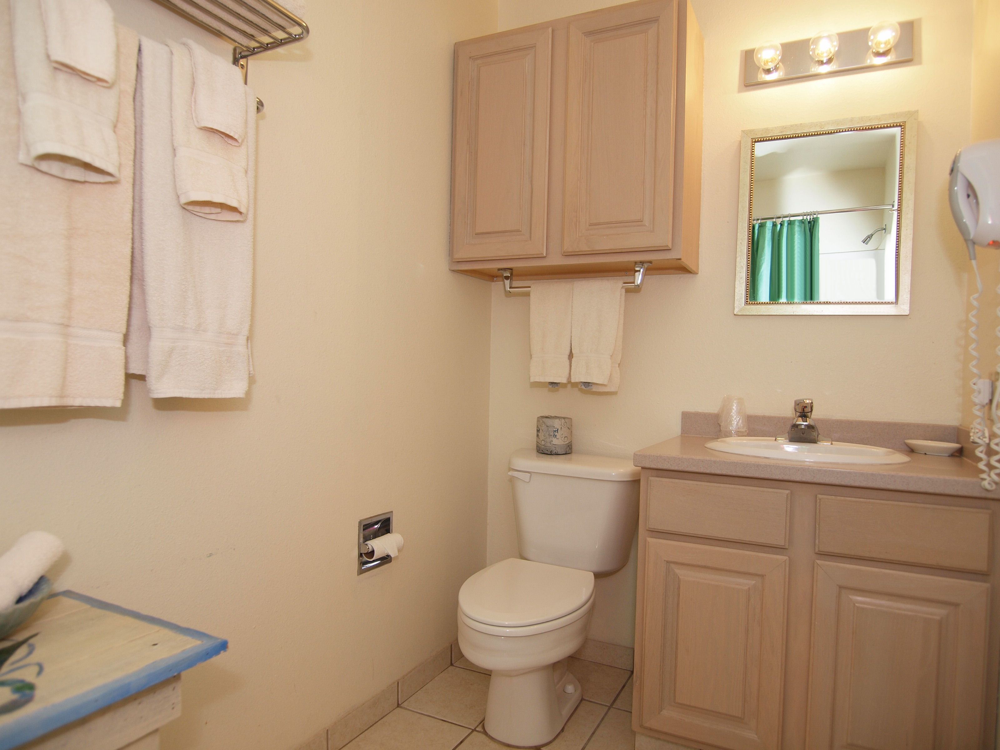 A bathroom with a toilet, sink, vanity, and towel rack.