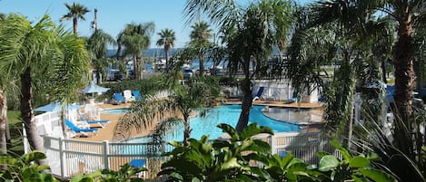 Outdoor pool, pool umbrellas, sun loungers