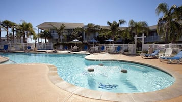 Outdoor pool, pool umbrellas, sun loungers