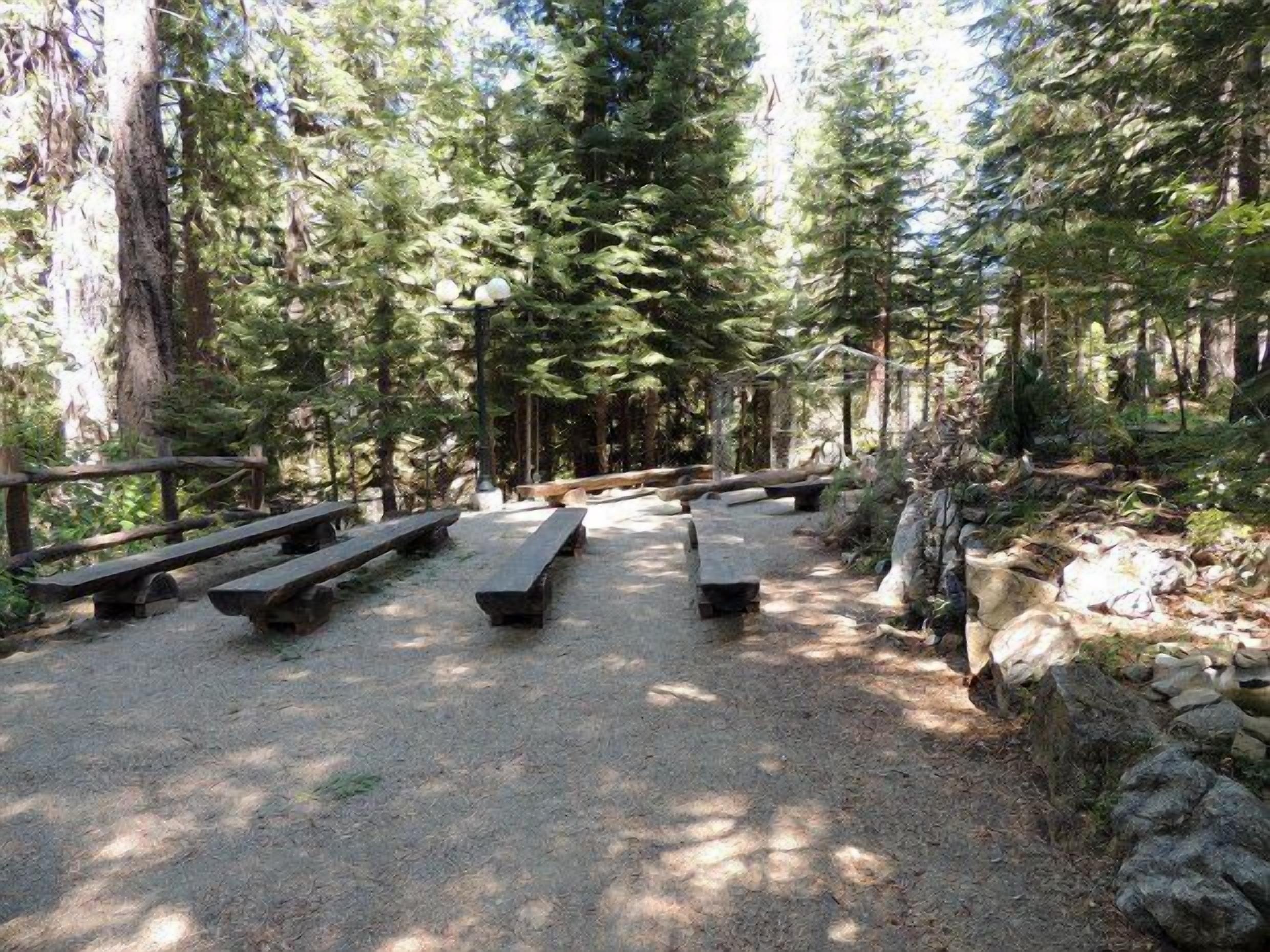A forested campsite with picnic tables and a stone wall.