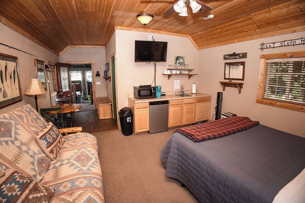 A cozy cabin interior with a sofa, a bed, a kitchenette, and a television.