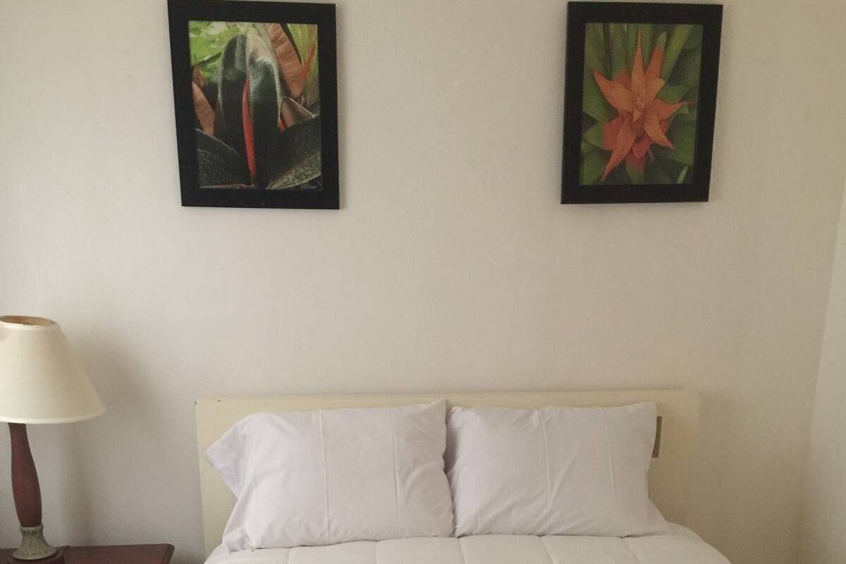 A bed with white bedding, a nightstand with a lamp, and two framed pictures on the wall.