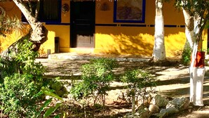 Un edificio amarillo con techo de paja, una puerta y una ventana.