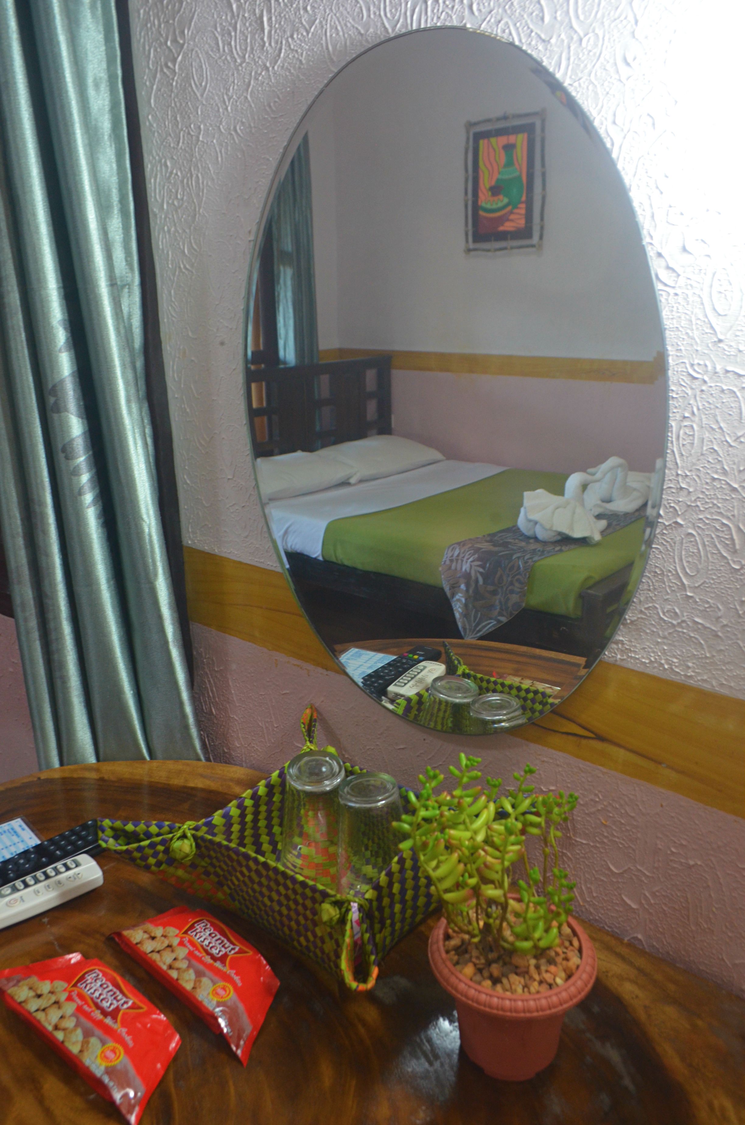 Habitación de hotel con cama, espejo, mesa con aperitivos, planta y control remoto.