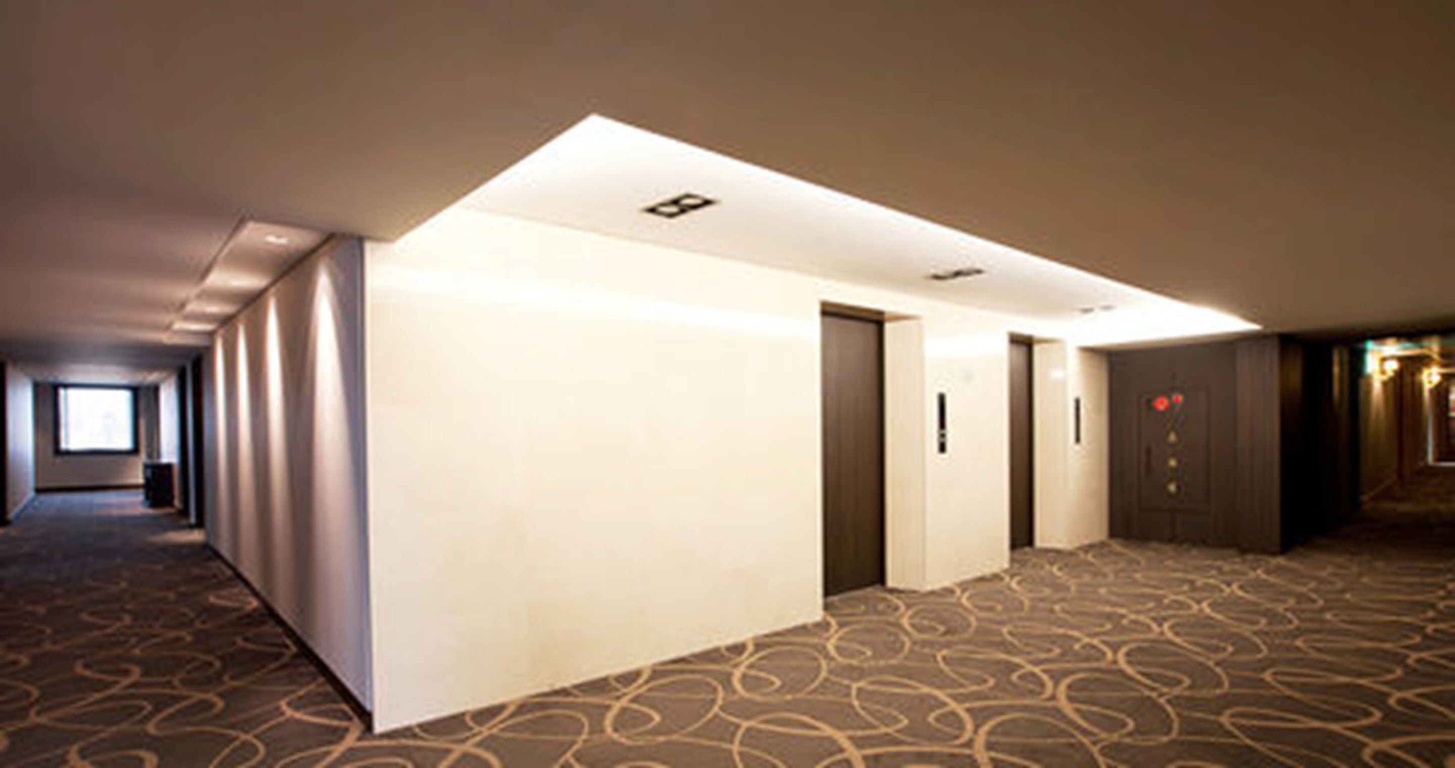 A hotel corridor with a carpeted floor, doors, and a ceiling light fixture.