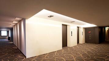 A hotel corridor with a carpeted floor, doors, and a ceiling light fixture.