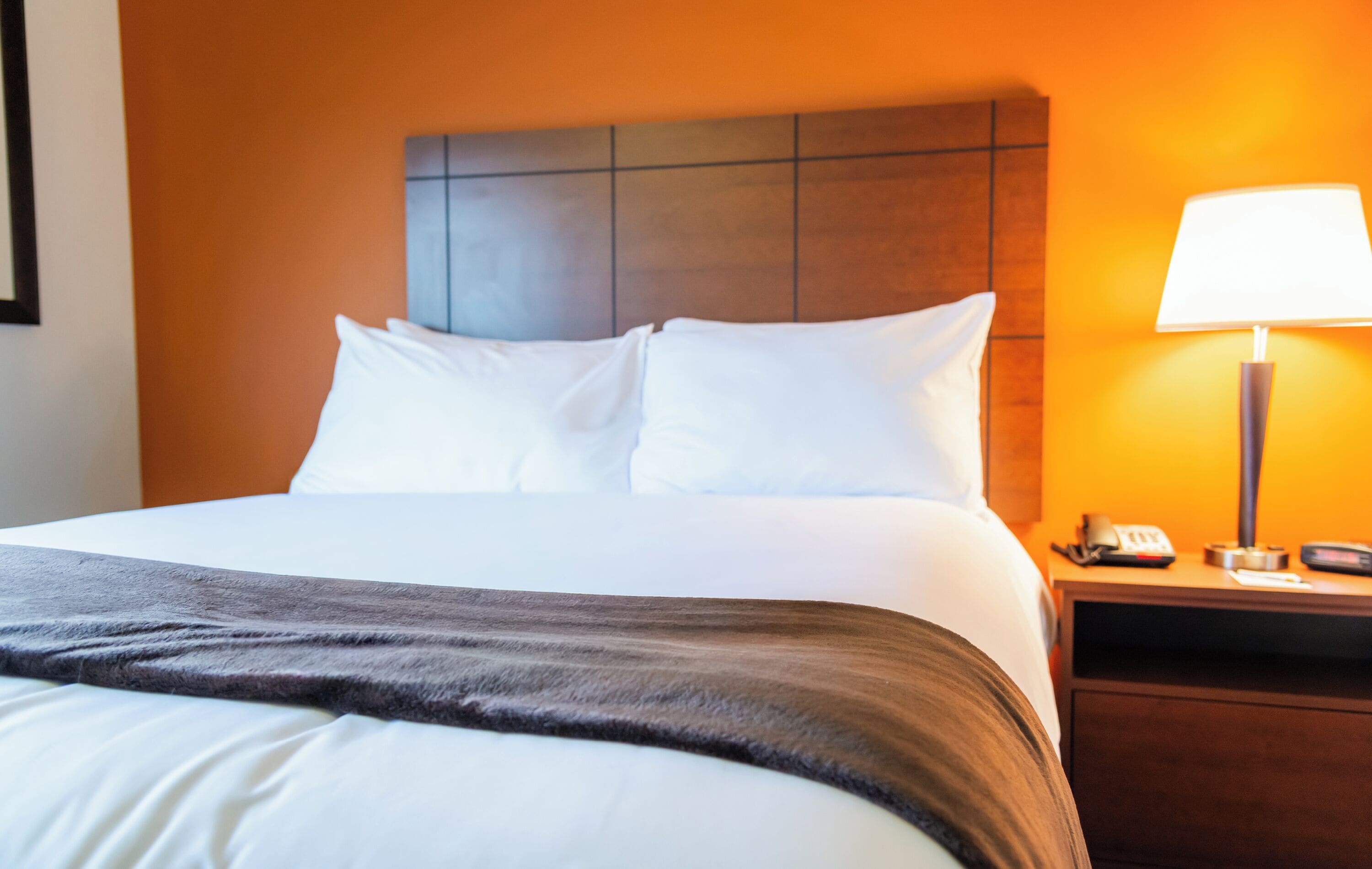 Premium bedding, pillowtop beds, desk, laptop workspace