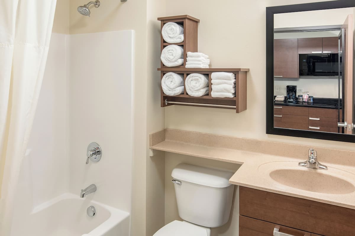 combined shower/bathtub, free toiletries, hair dryer, towels