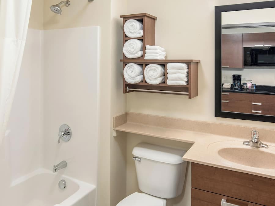 Combined shower/bathtub, free toiletries, hair dryer, towels