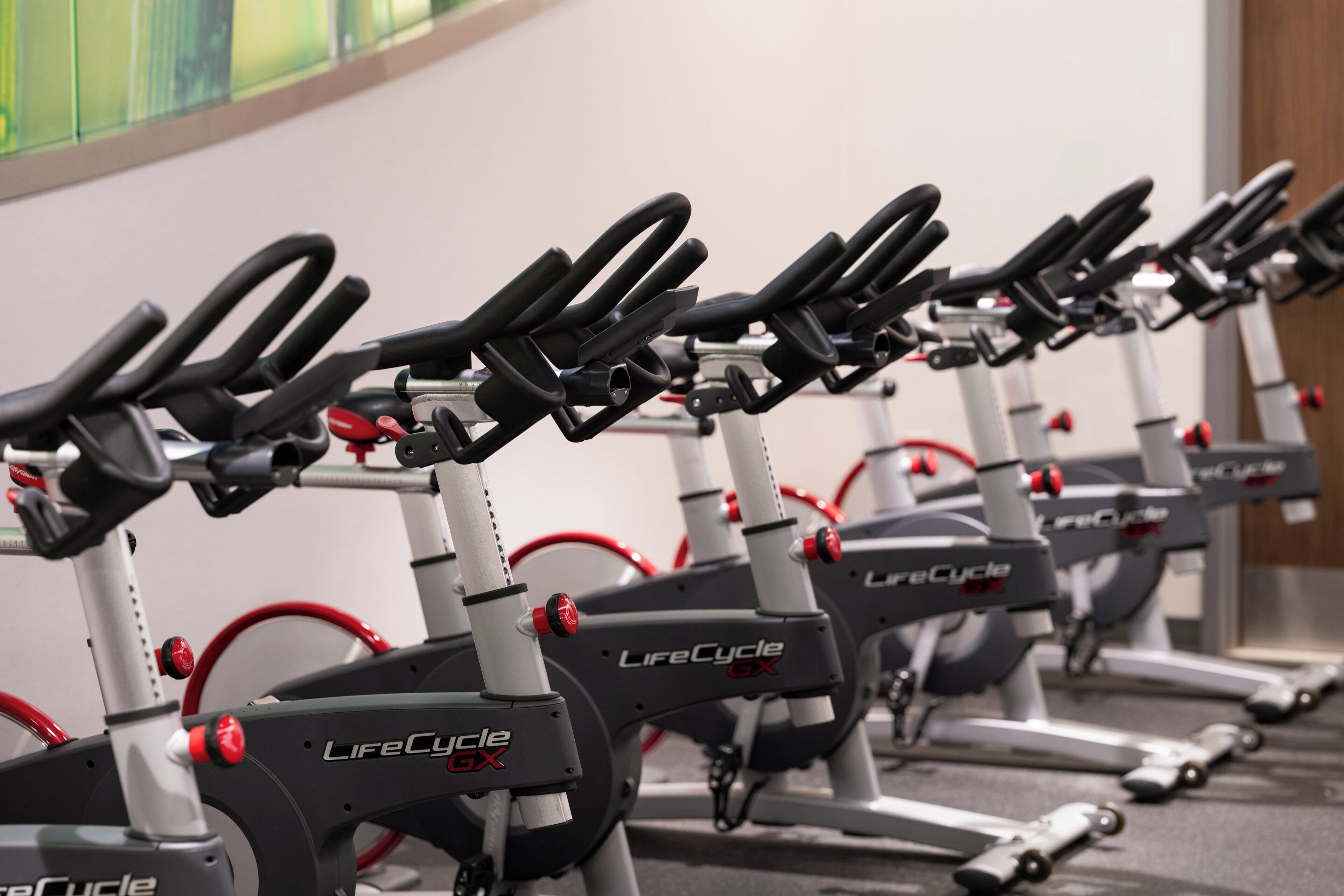 Varias bicicletas estáticas modelo LifeCycle GX en un gimnasio.
