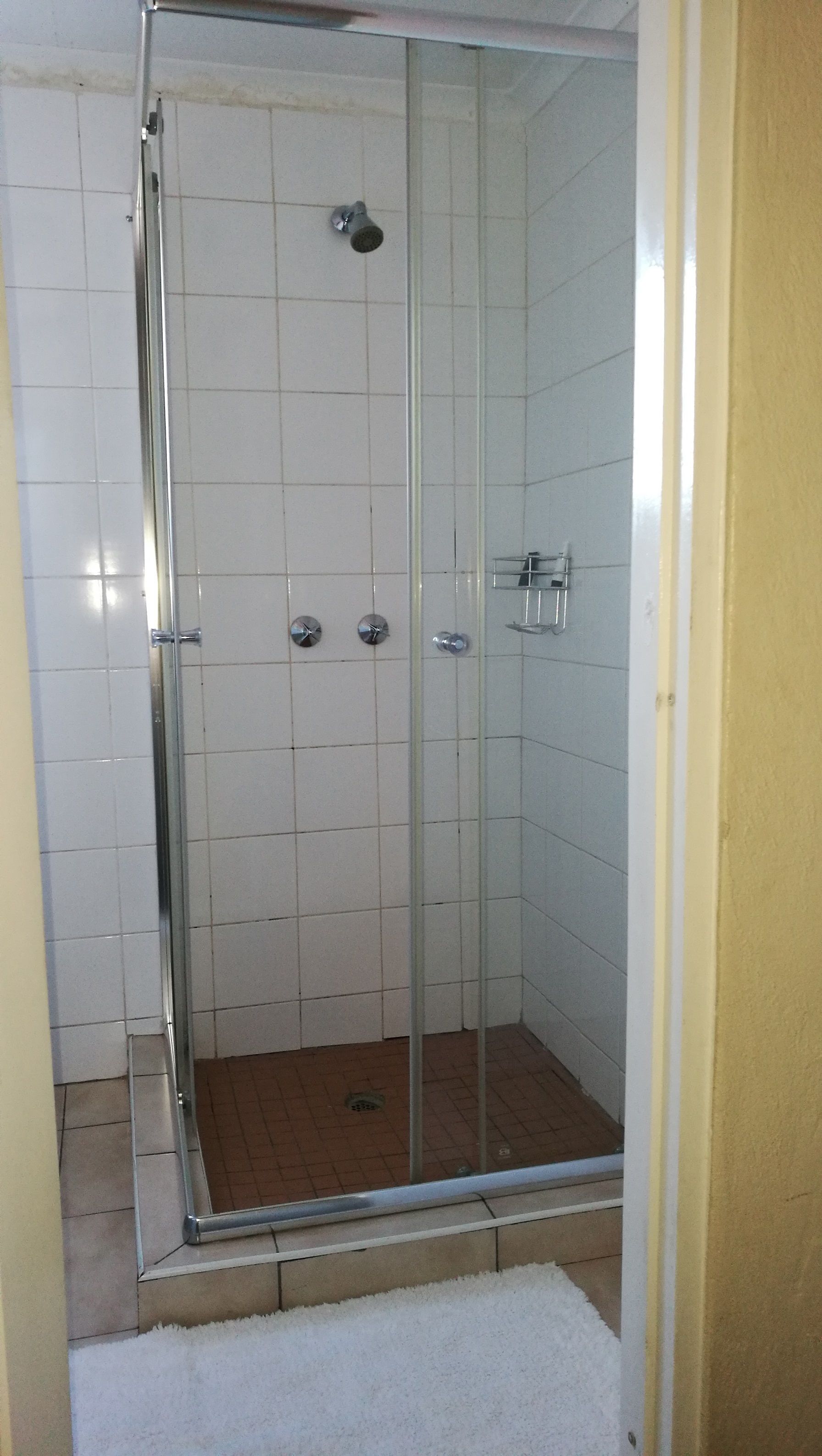 A glass-enclosed shower with a tiled floor and a white rug.