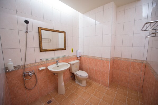 Un baño con lavamanos, inodoro y ducha.