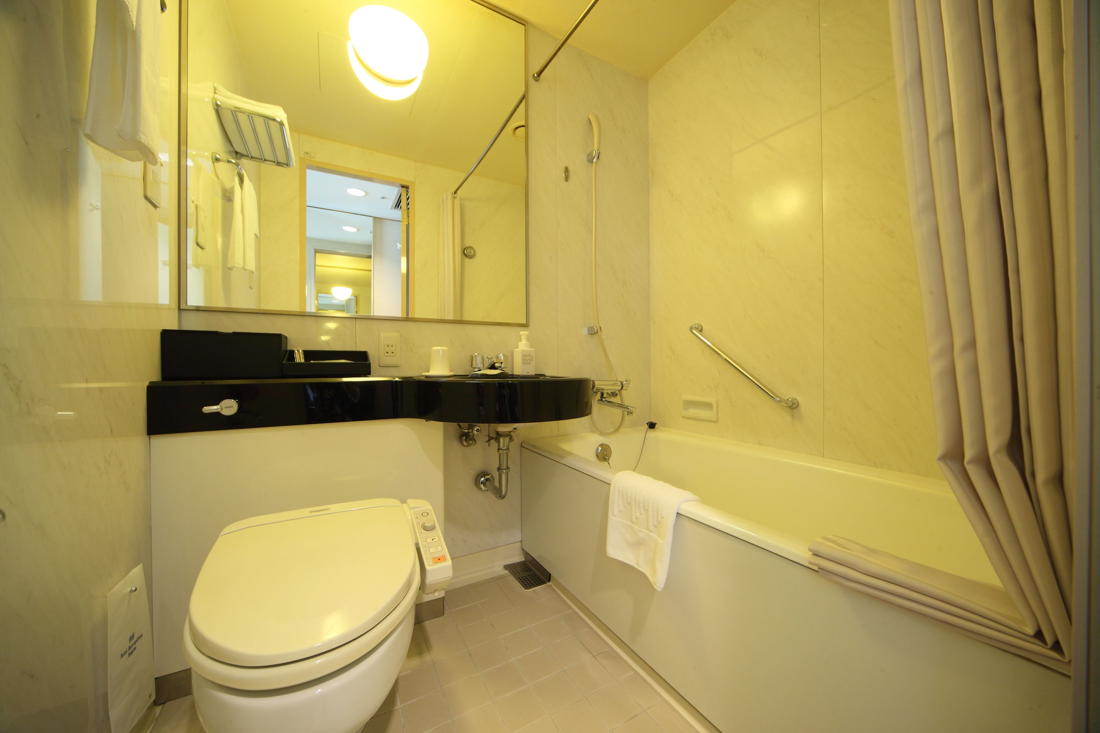 combined shower/bathtub, free toiletries, hair dryer, slippers