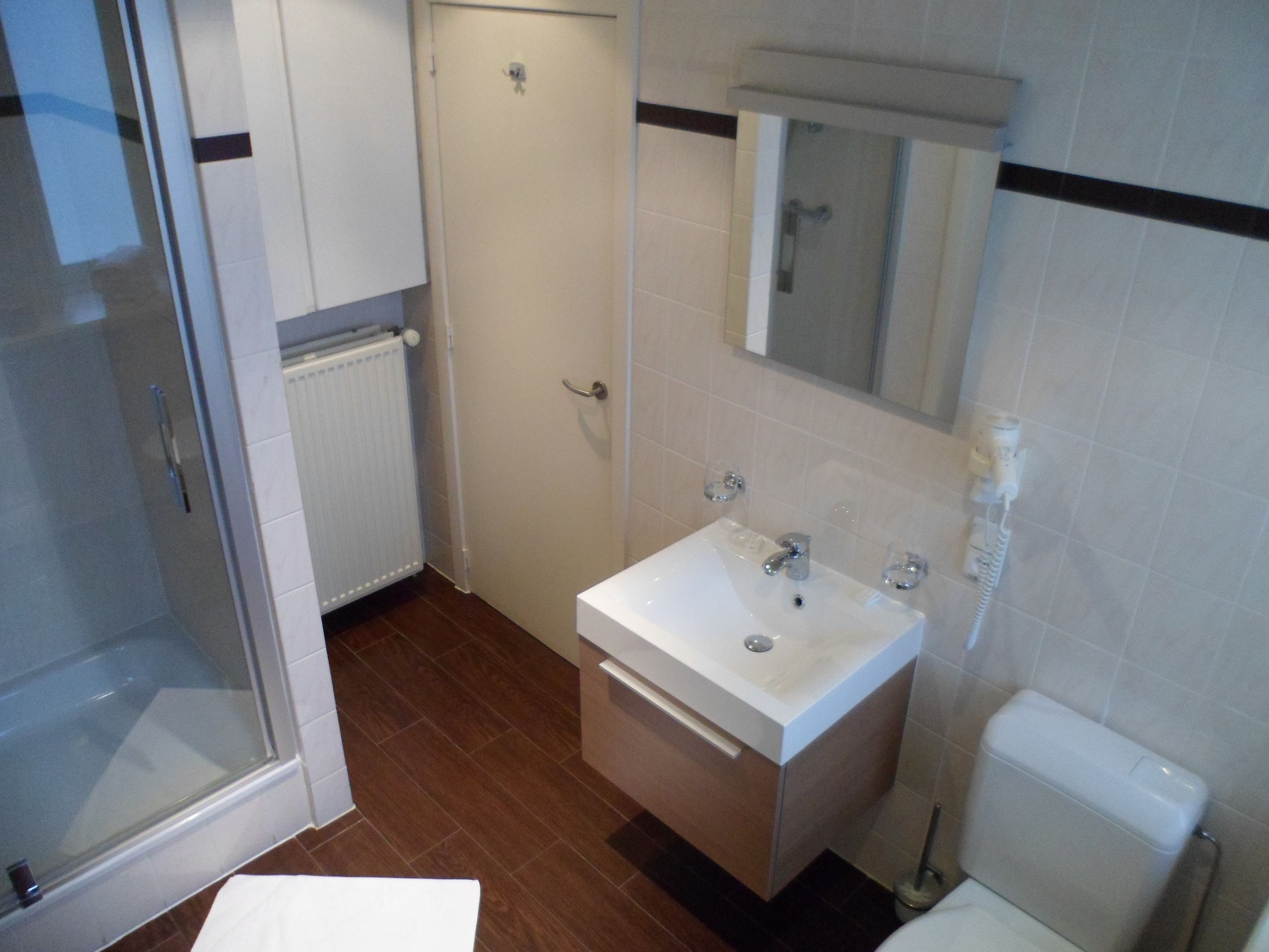 A bathroom with a shower, toilet, sink, and a mirror above the sink.