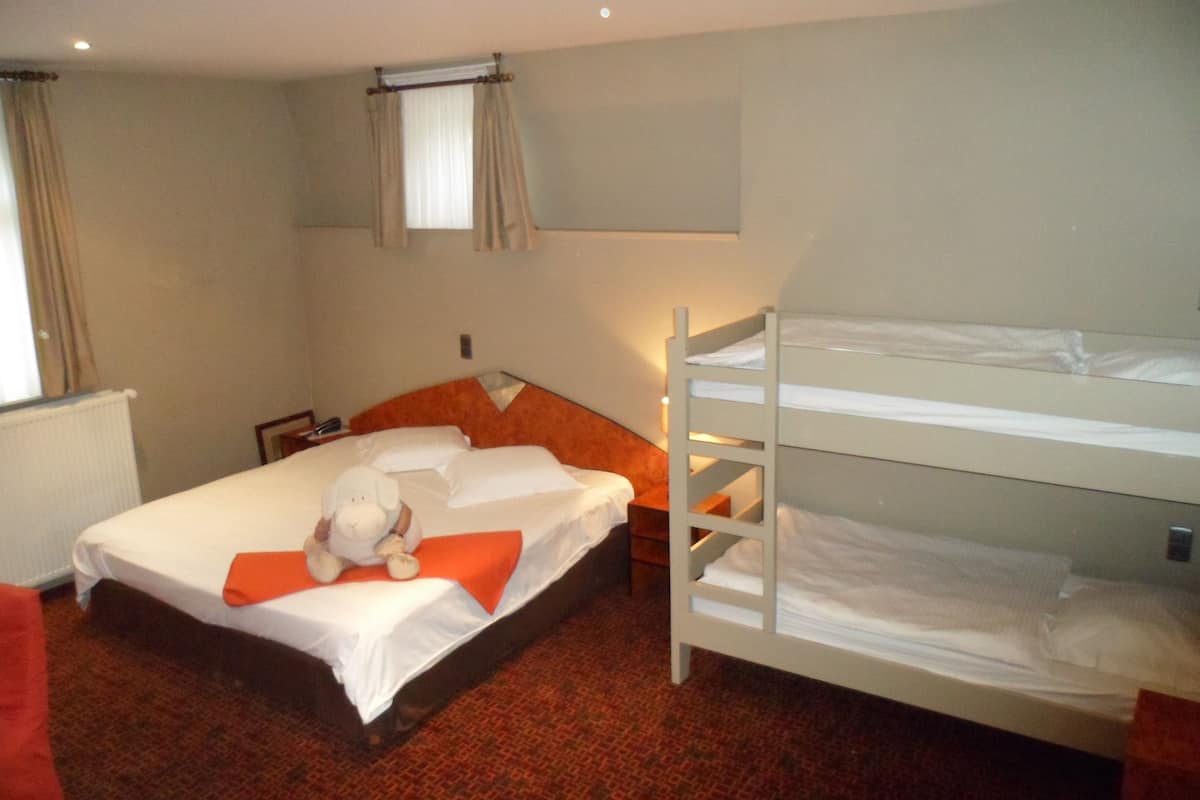 A hotel room with a single bed, a bunk bed, a stuffed toy, and a window with curtains.