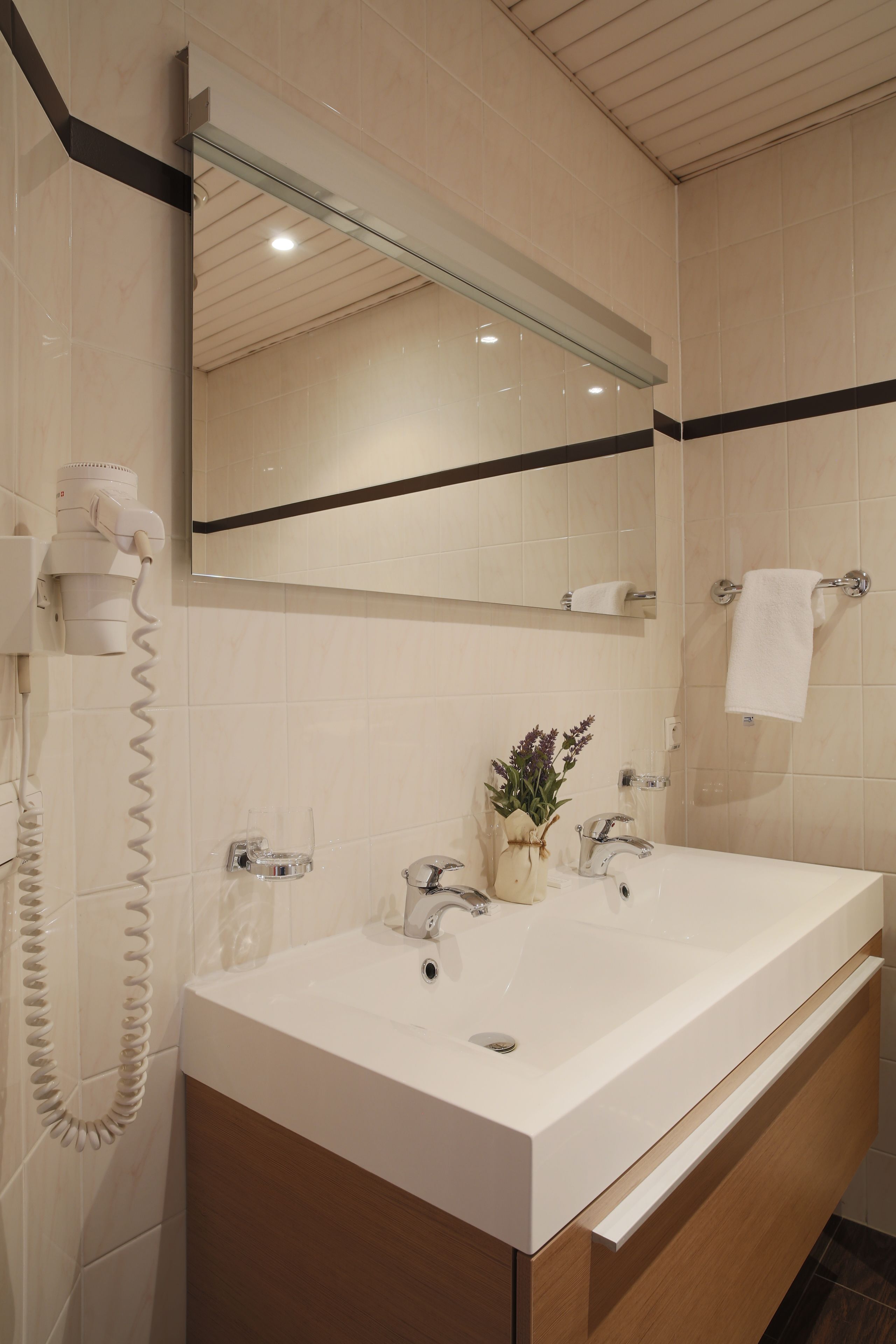 Une salle de bain moderne équipée d’un double lavabo, d’un miroir, d’un porte-serviettes et d’un sèche-cheveux.