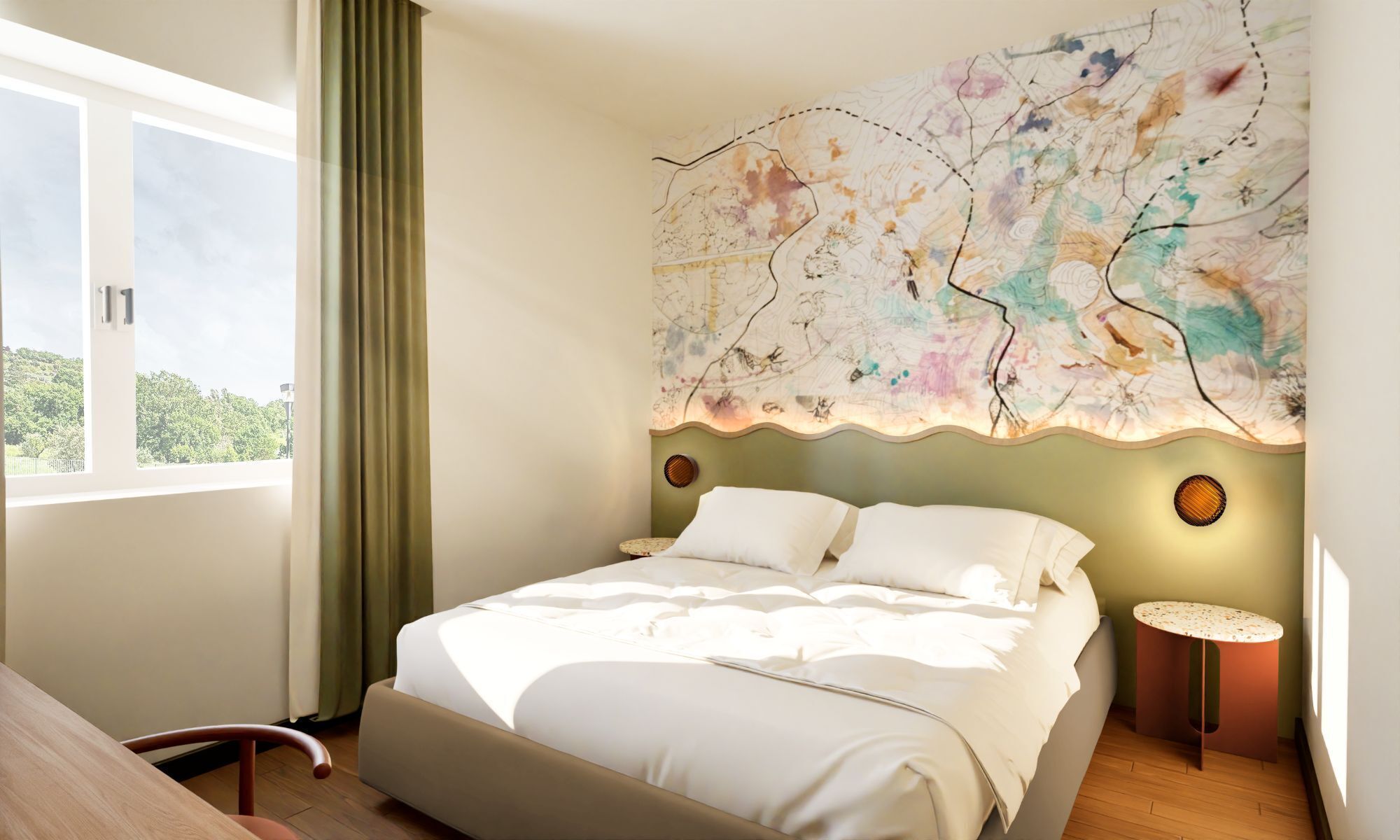 A modern bedroom with a large bed, a view of greenery outside, and a unique wall art piece.