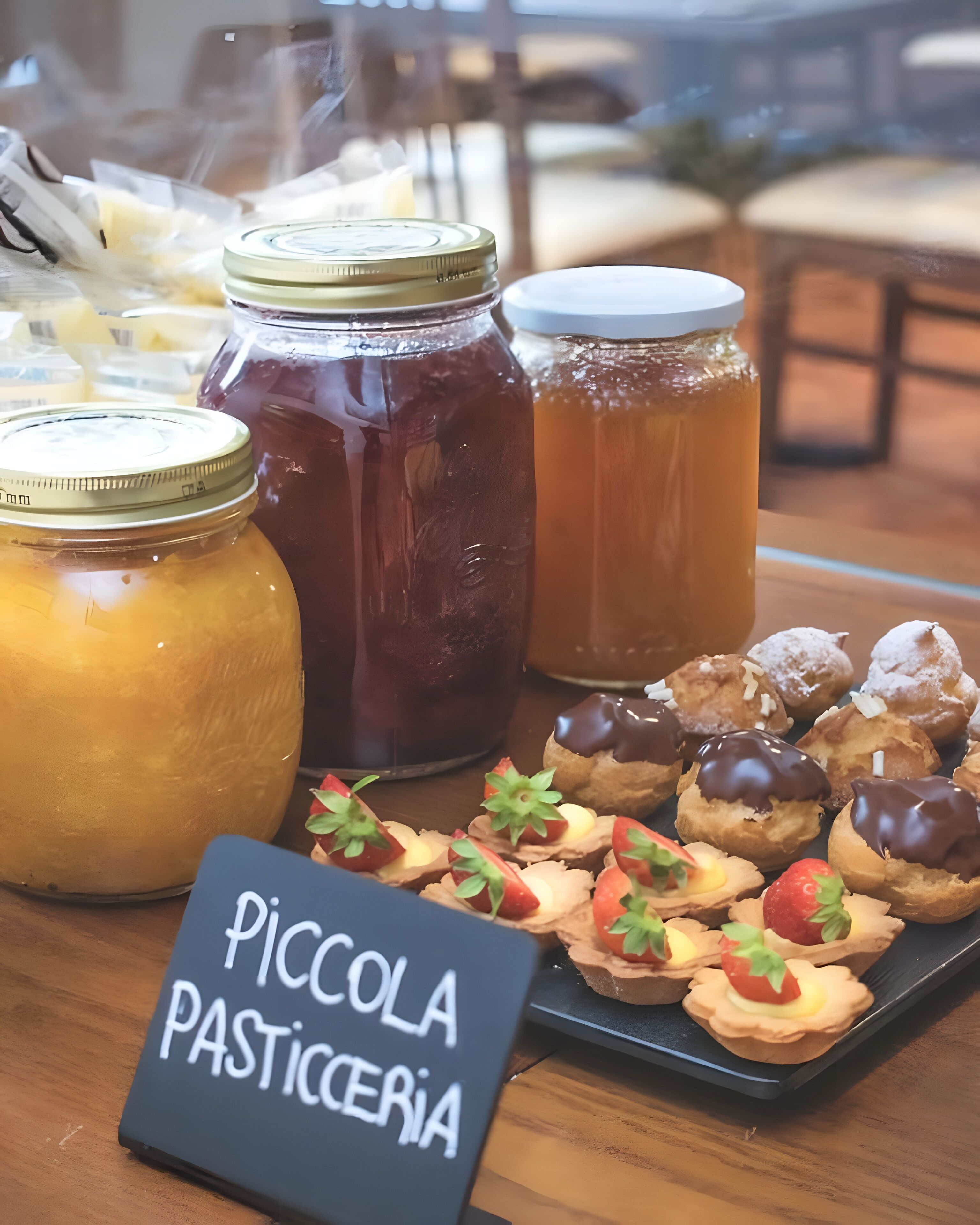 A table with jars of preserves, a pitcher of iced tea, and a plate of pastries labeled "PICCOLA PASTICERIA".