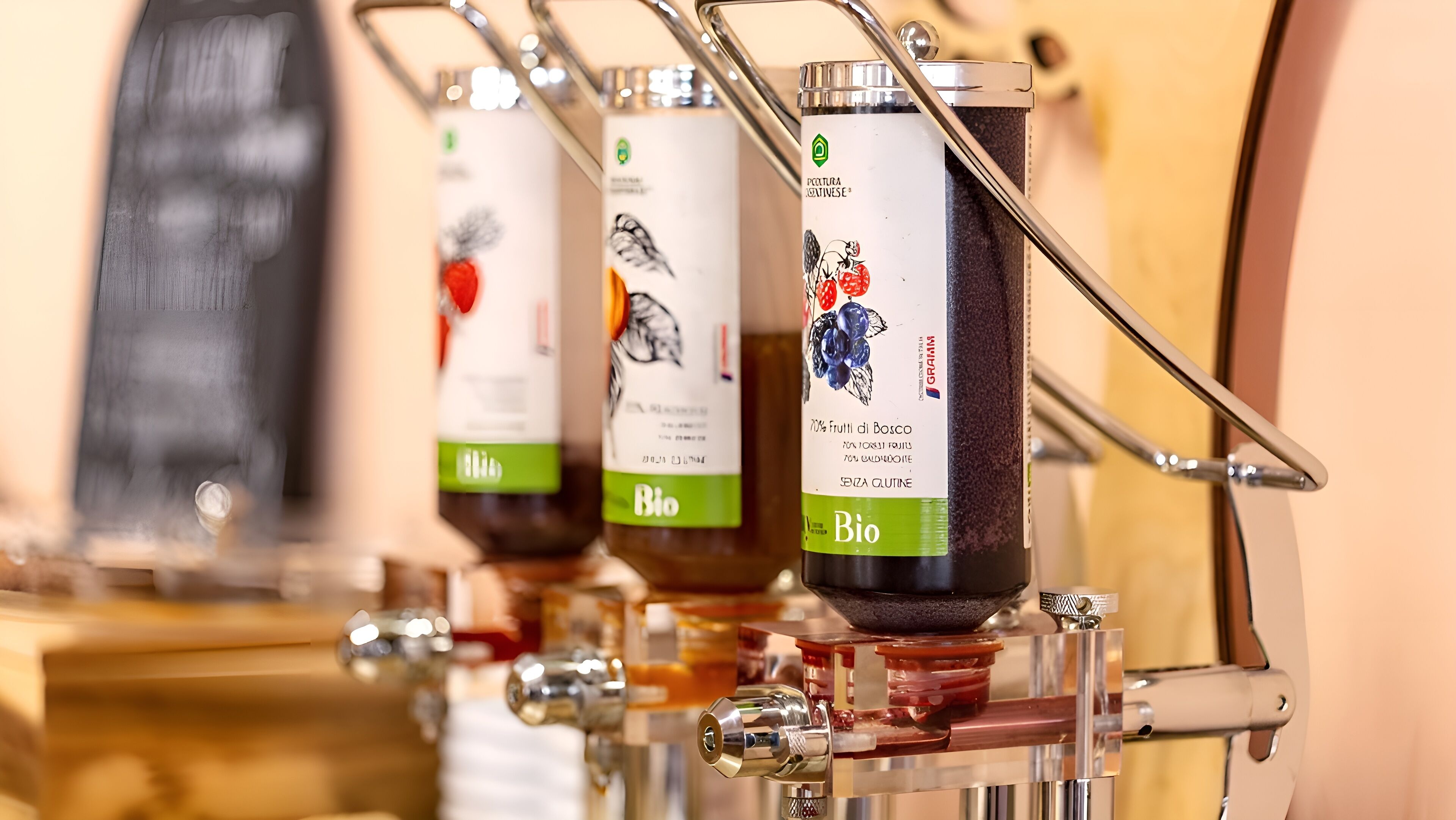 A series of wine dispensers with labels indicating they contain organic wine.