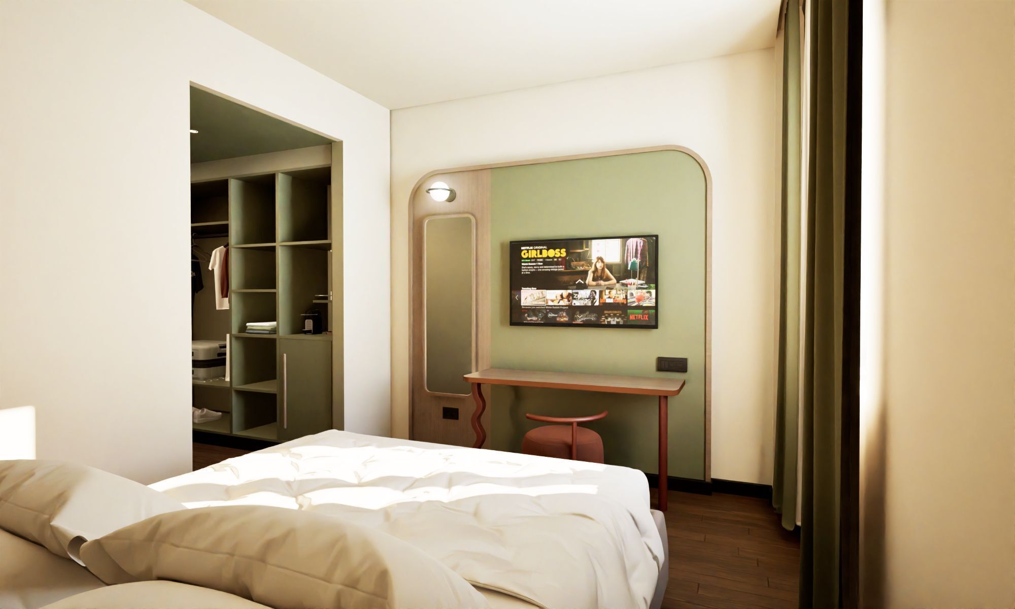 A hotel room with a bed, a desk, and a television displaying a show.