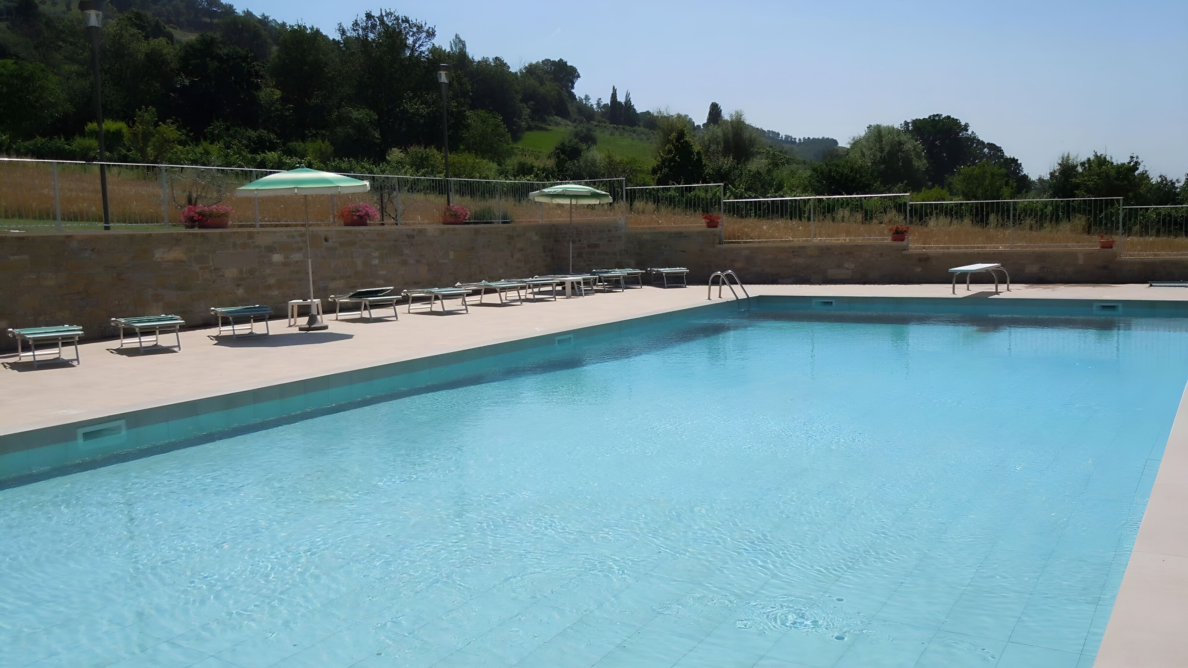 Una piscina rectangular con borde de baldosas, rodeada de barandillas metálicas y plantas en macetas.