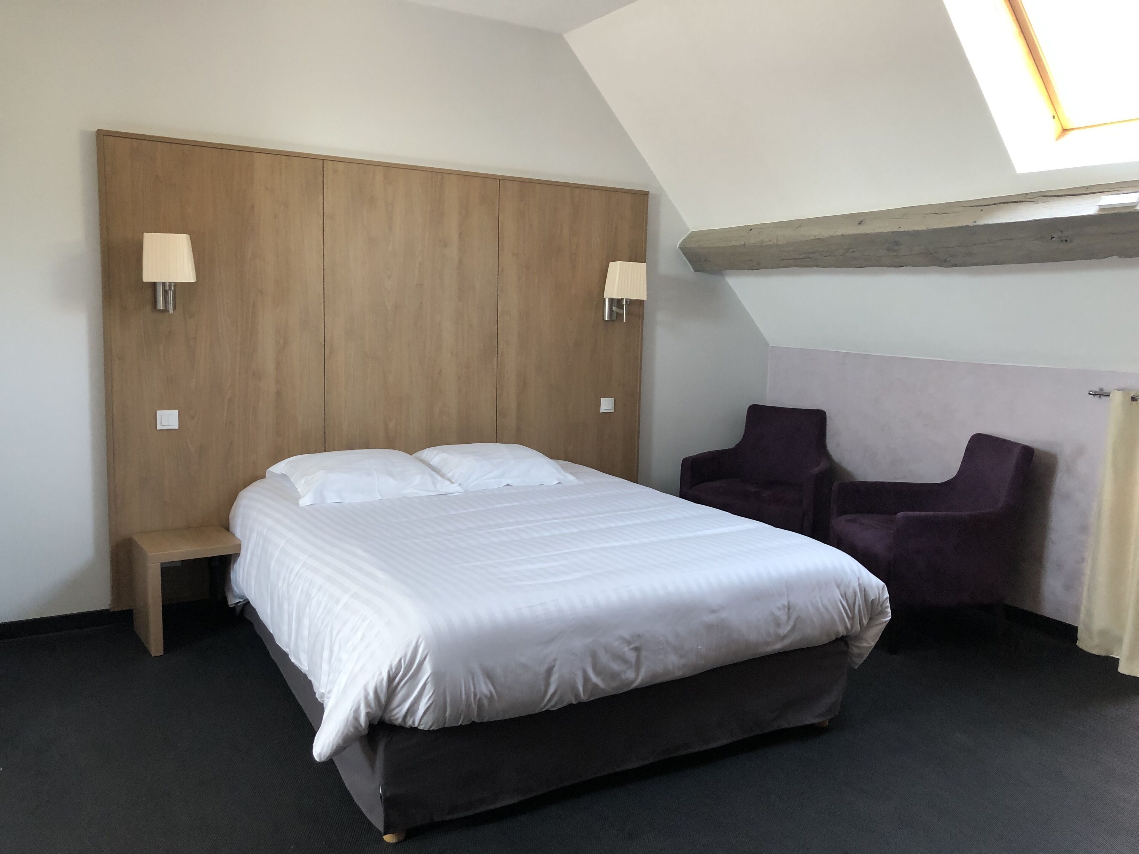 A bedroom with a bed, a nightstand, two chairs, a skylight, and a wooden headboard.