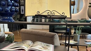 Un interior moderno con un sofá, una mesa con una revista abierta y cactus en macetas.