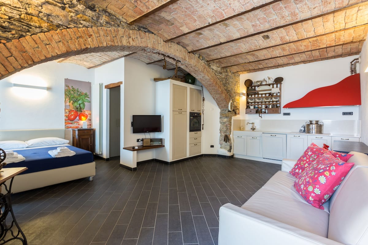 A modern room with a bed, a sofa, a TV, and a kitchen area.