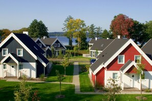 Une rangée de maisons modernes offrant une vue dégagée sur un lac en arrière-plan.