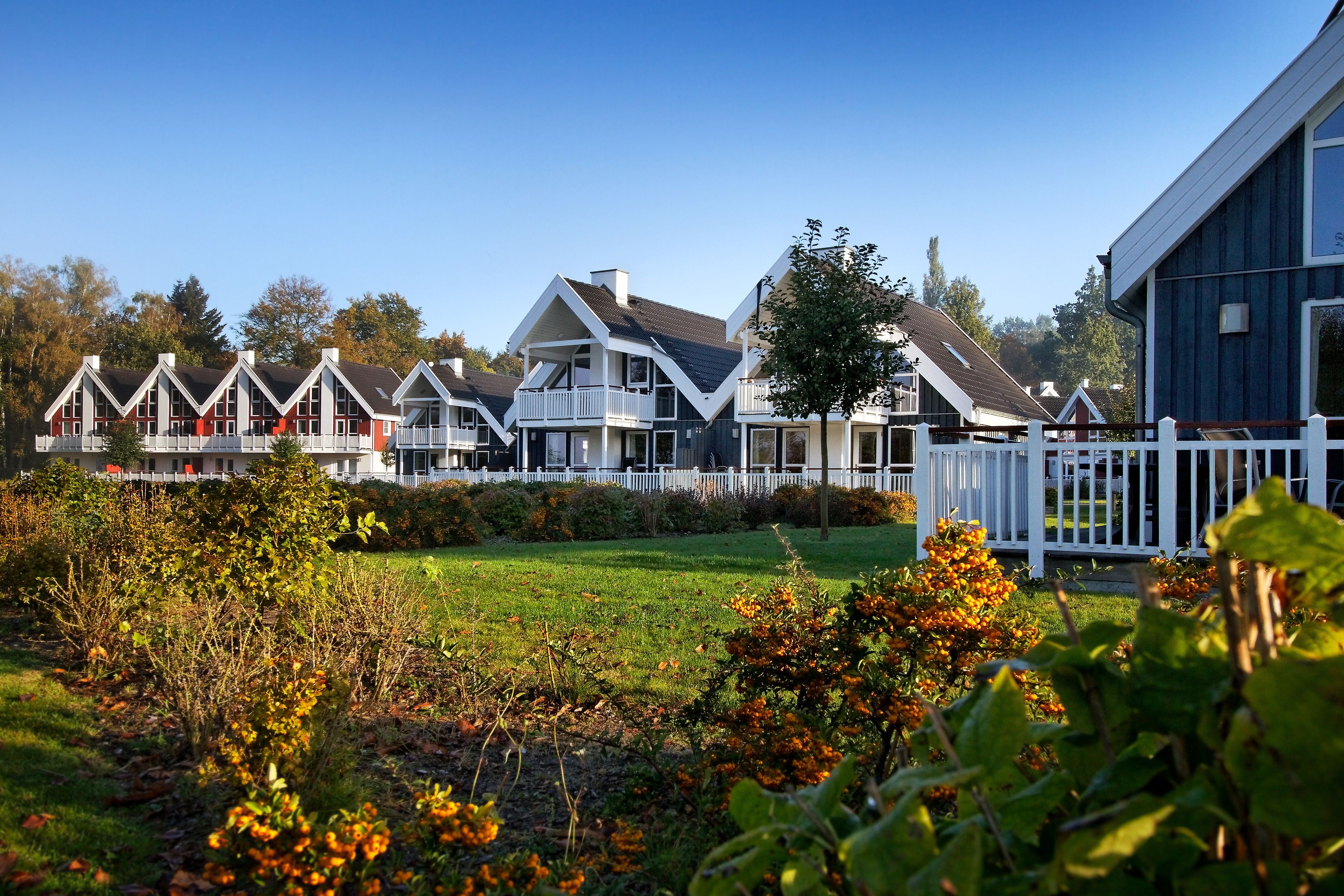 A row of modern houses with white railings and a grassy lawn.